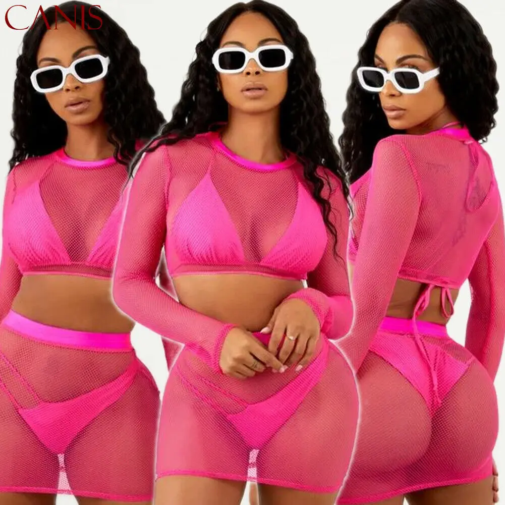 Женский бикини летний сетчатый прозрачный топ с длинными рукавами облегающий