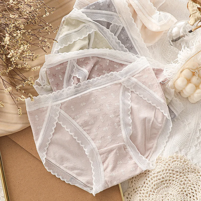 

Casual Fashion Women Panties Lace Mid-waist Underwear Threaded Brief Solid Color Skin-Friendly Ladies Underpants Breathable