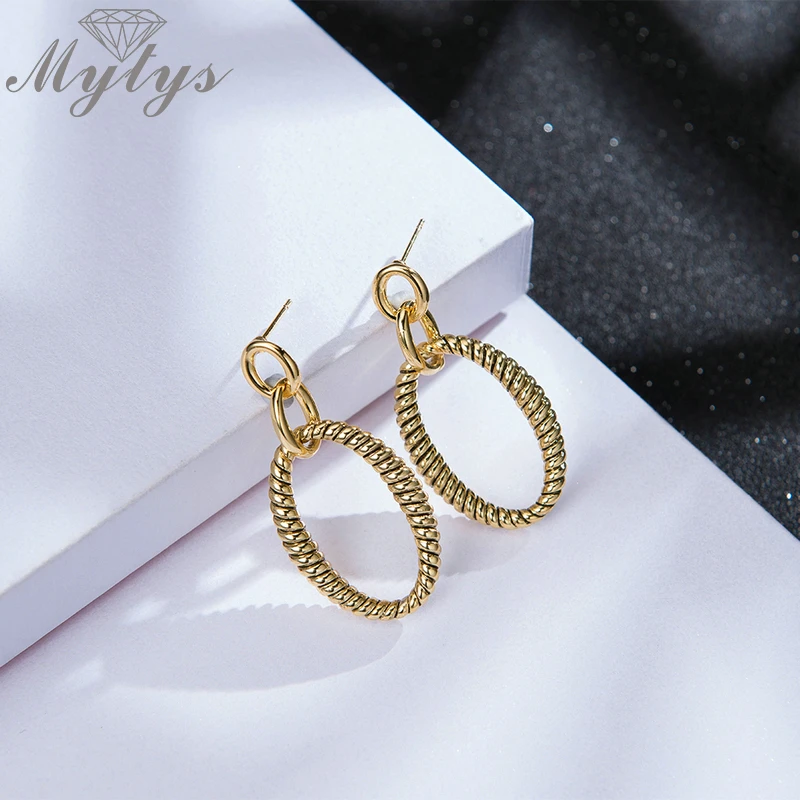 Mytys Twist Circle Round Drop Earrings for Women Trendy Fashion Dangle Gold Color Metal Jewelry CE625 | Украшения и аксессуары