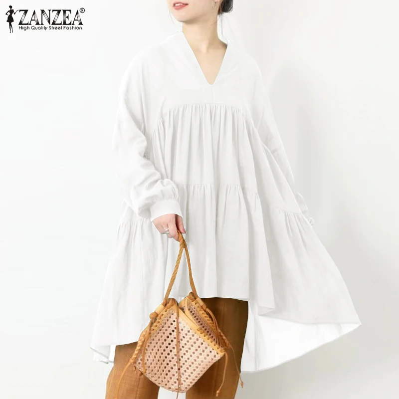 

Fashion Women's Puff Sleeve Blouse ZANZEA 2021 Ruffle Tops Casual Spring Blusas Female V Neck Tunic Mini Vestidos
