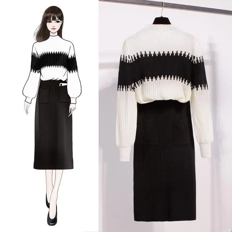 Осень 2020 корейские женские комплекты Белый Черный Полосатый лоскутный свитер с