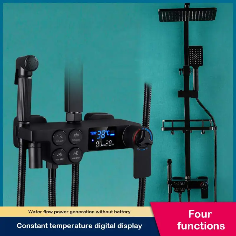 【Ships From：Ru】 bathroom full copper black shower set double row button thermostatic digital display 4-speed handheld |