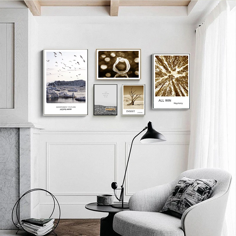 Скандинавский стиль дорожный автомобиль золотое дерево пейзаж холст настенный