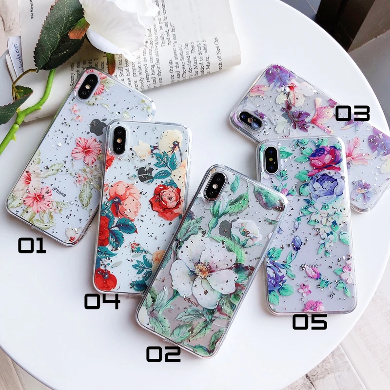 Для iPhone 6 6s 7 8 Plus 10 X XS XR Max Цветочный блеск блестящий золотой фольгой прозрачный