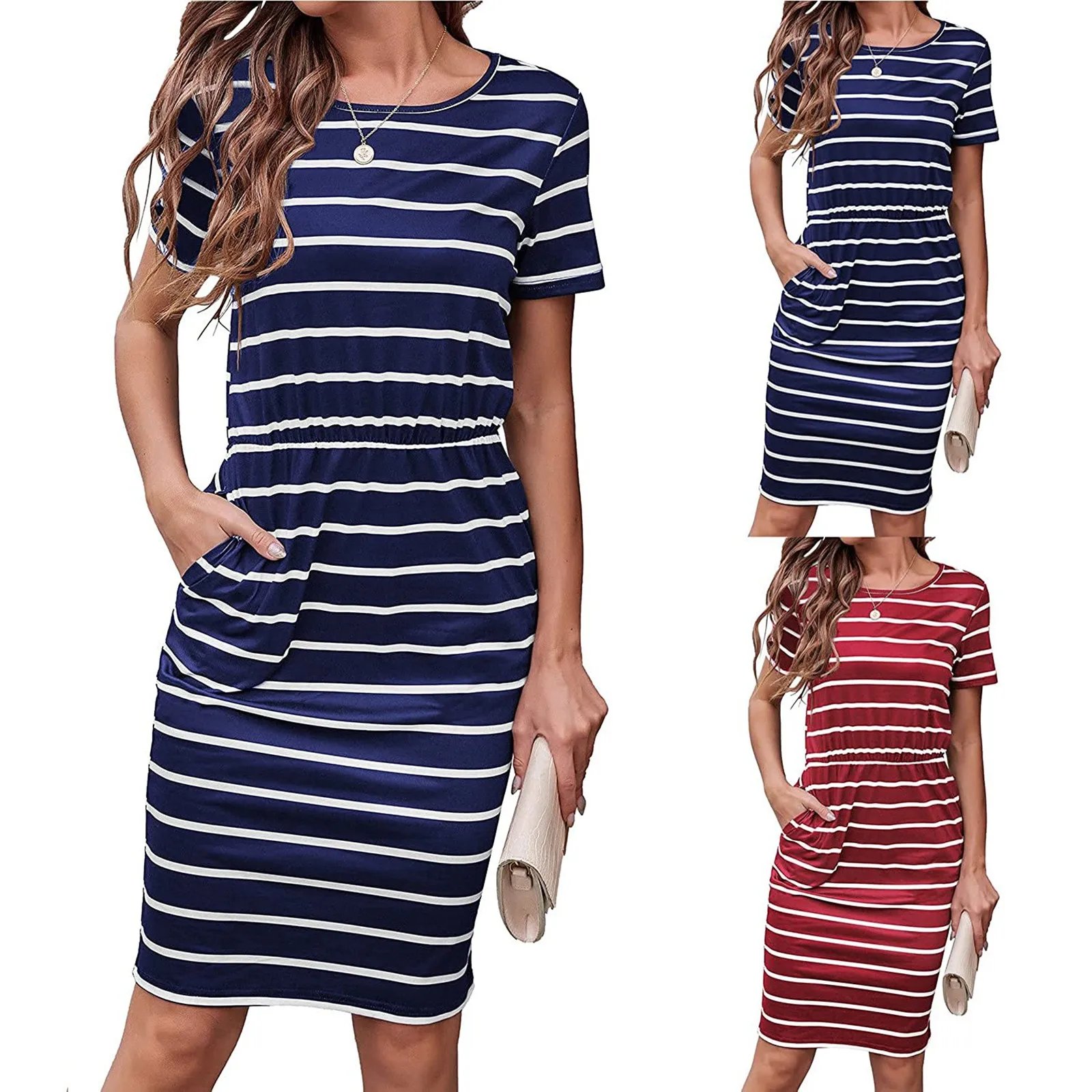 

New Summer Women Dresses Casual Short Sleeve O-neck Striped Plus Size Slim Bodycon Dress Female Solid Pockets Midi Cotton Dress