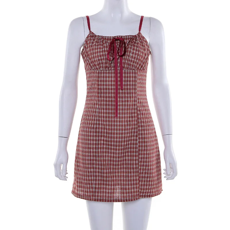 

Y2K EGIRL Vintage Y2K Bandage Red Plaid Cami Dresses 2000s Fashion Cute Backless Straped Milk Maid Dress Kawaii Streetwear Sweet