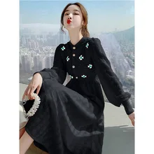 Vestido de punto para mujer, suéter de manga larga, falda larga para fiesta de trabajo, color negro albaricoque, temperamento dulce, otoño e invierno, 2021 (4)