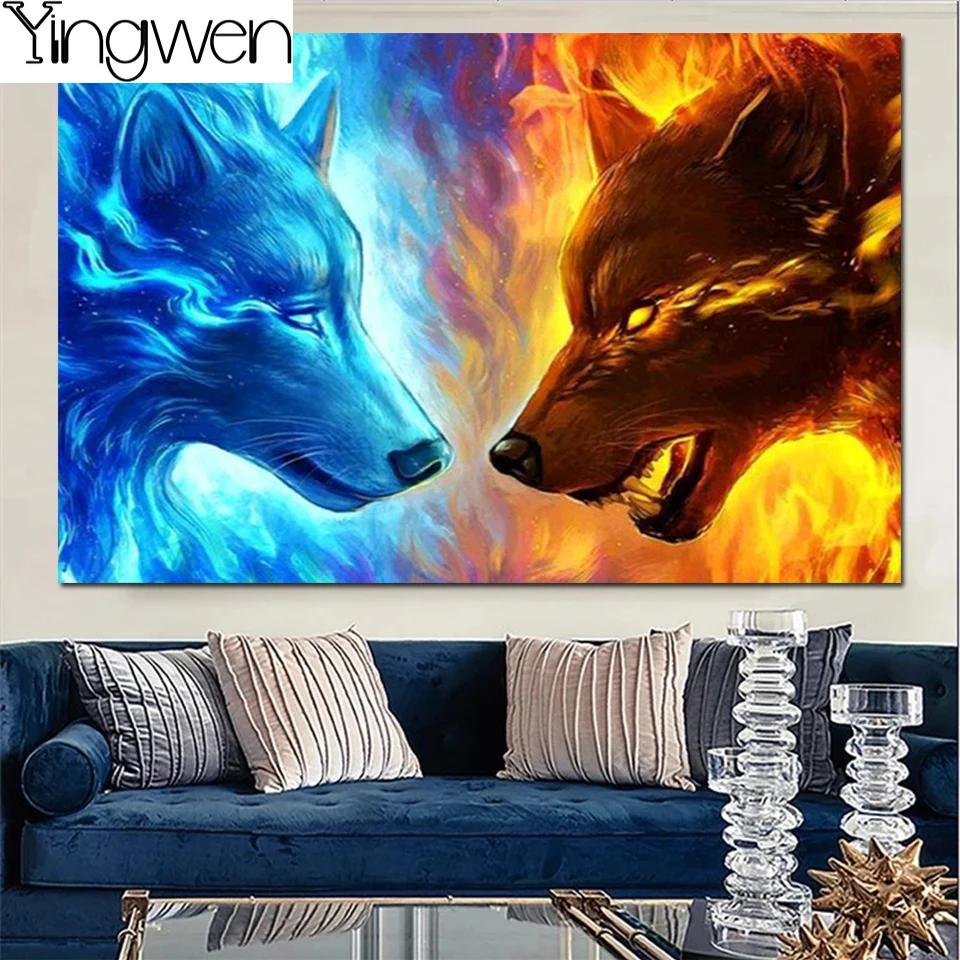 

Two Wolves Ice And Fire 5D Diamond Painting Wolf Cross Stitch Embroidery Full Rhinestones Animals Wall Decoration Diamond Mosaic