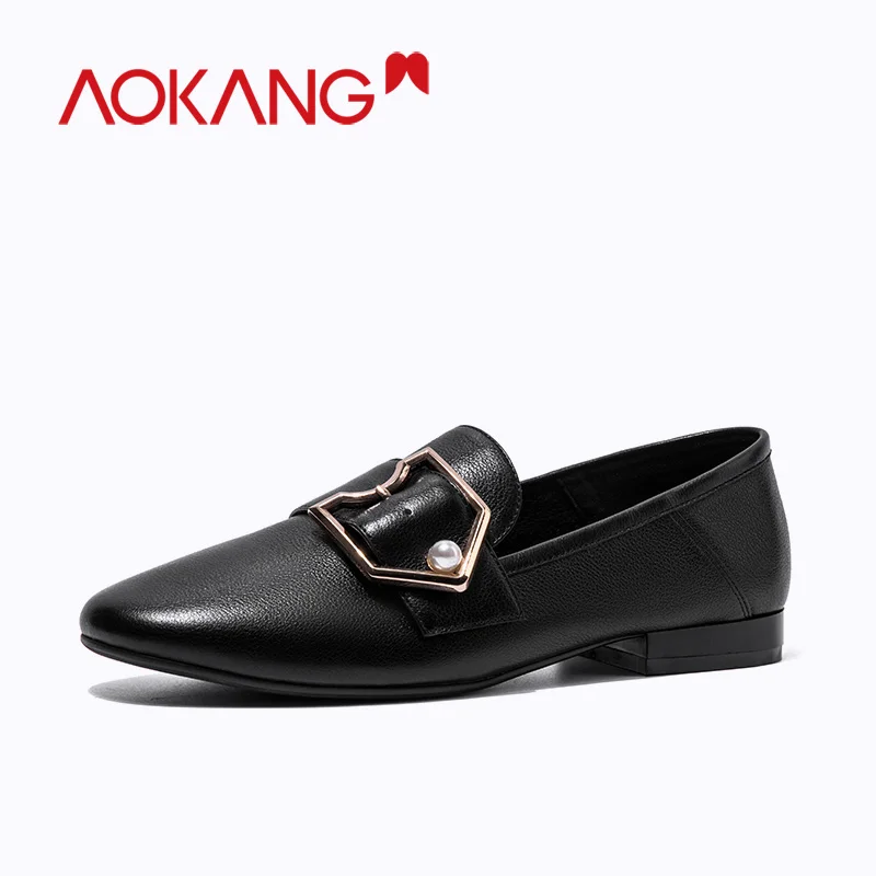 AOKANG/2019 черные лоферы на плоской подошве женские мокасины из натуральной кожи