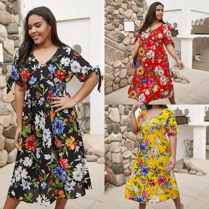 

Plus Size Women Summer Floral Print Bohemian Beach Dress Sexy V Neck Short Sleeve Elegant Ladies Dresses