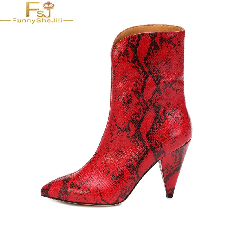 

FSJ Noble Red Snake Print Spike Heel Slip on Women Ankle Boots Fashion Pointed Toe Leather Party Date Ladies Booties 2021 Autumn