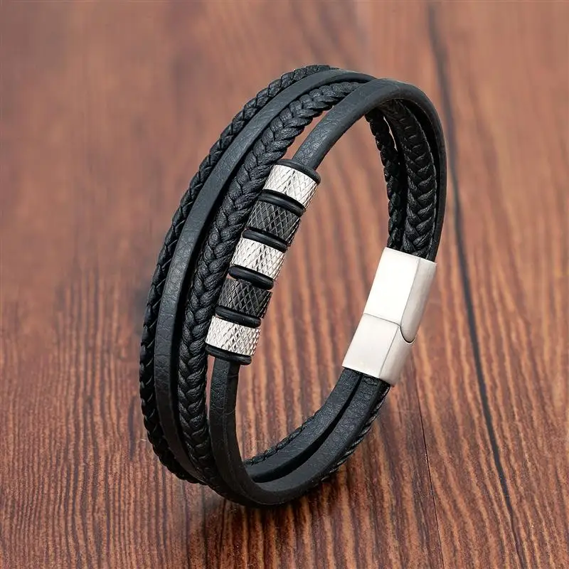 

Stainless Steel Beads Bracelet Fashion Men's Jewelry Classic Multilayer Leather Bracelet Homme Men Bangle Gift