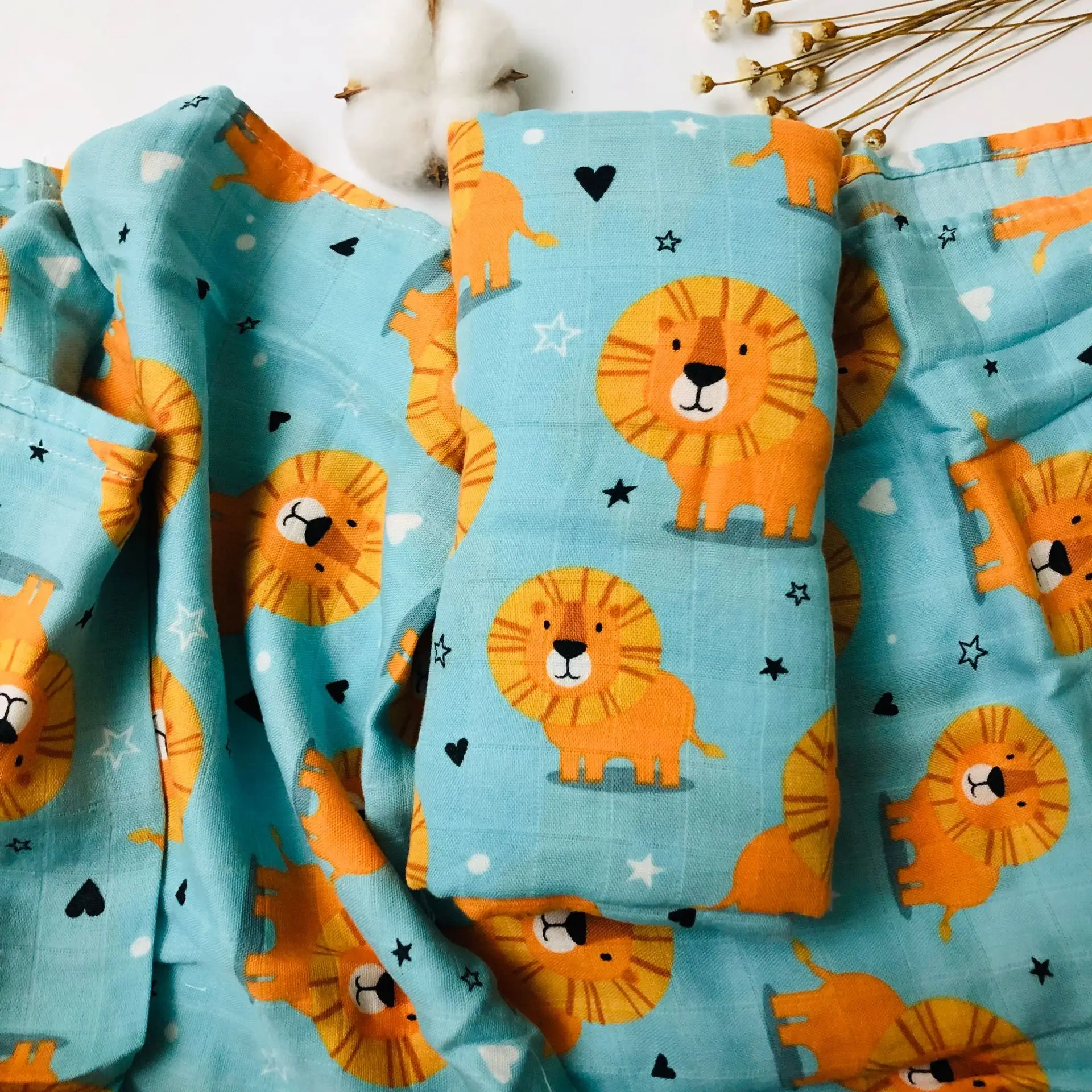 Муслиновая пеленка Muslin2 2 слоя бамбук + хлопок с рисунком льва слона мультяшный