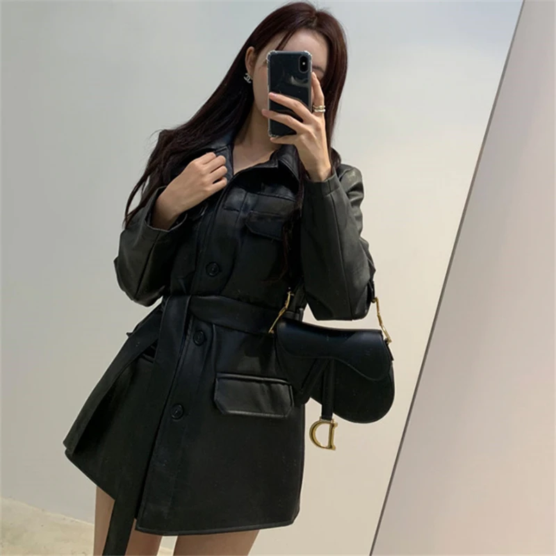 Leather Women 2019 New Spring Autumn Long Paragraph Single-Breasted Ties Belt Multi-Pocket Locomotive Casual Jacket Tide | Женская