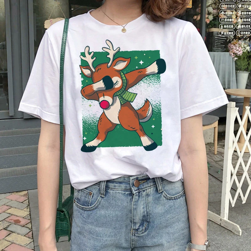 

Short Sleeve Ladies Christmas Party T-shirt Funny Graphic Female Top Cartoon Santa Snowman Reindeer Print Oversized Clothes