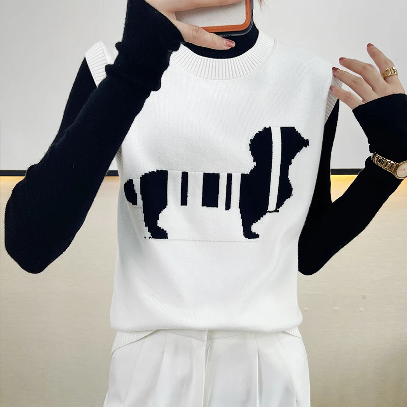 

2021 fashion women 0-neck cashmere vest sweater women sleeveless cashmere pullover dog pattern embroidery sweater vest