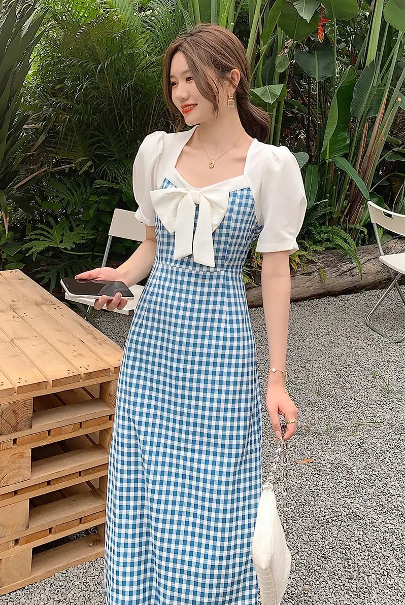 

COIGARSAM Plaid Women dress New Summer Bow V-Neck Dresses Blue Black 3082