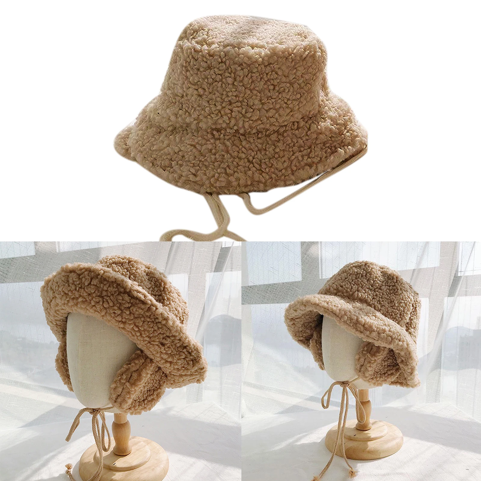 Women Winter Bucket Hat with Earmuffs Vintage Cloche Hats Warm Faux Fur Wool Outdoor Fisherman Cap