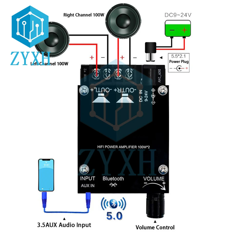 

XH-A313 TPA3116D2 Bluetooth 5.0 Amplifier Board High Power 100W*2 HD Stereo Digital Audio AMP AUX Volume Control Speaker