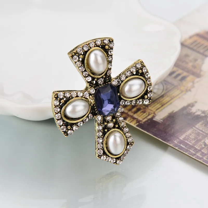 Vintage Jesus Cross Brooch White Pearl Blue Clear Rhinestone Unisex Gift for Men and Women | Украшения и аксессуары