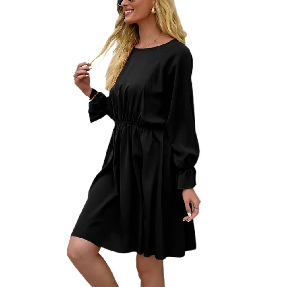 

Womens Elasticated Waist Plain Long Flared Sleeve Dress Casual Mini Fit Dresses