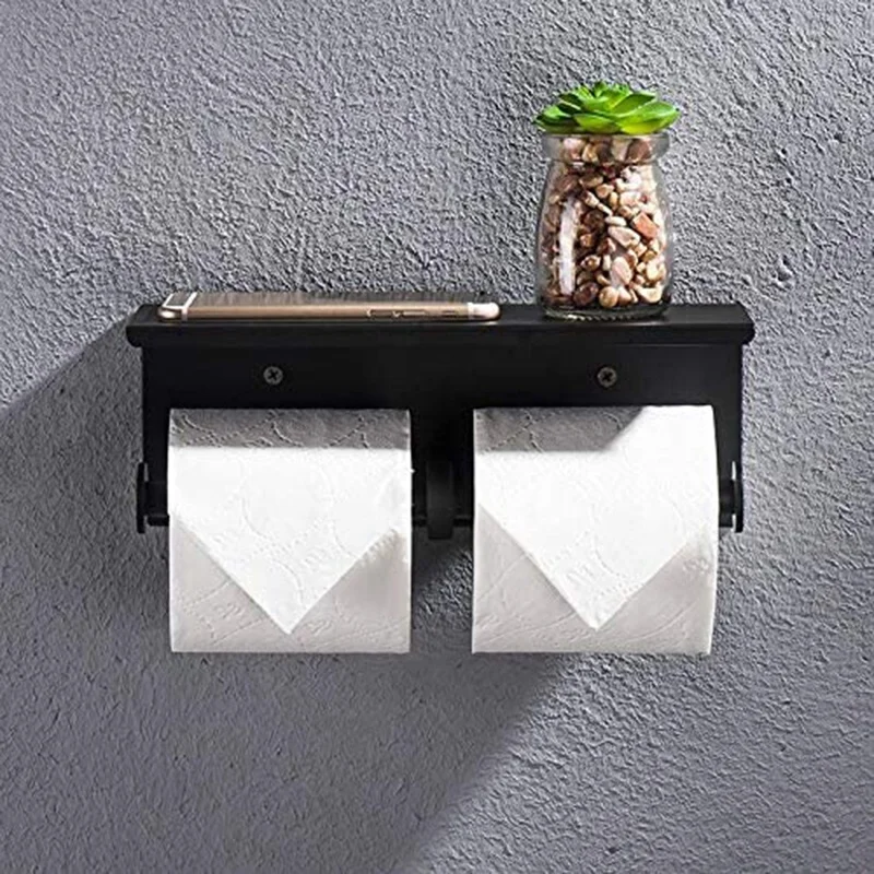 

Toilet Paper Holder with Shelf, 304 Stainless Steel Double Toilet Rolls Tissue Holder for Bathroom, with Phone Tray