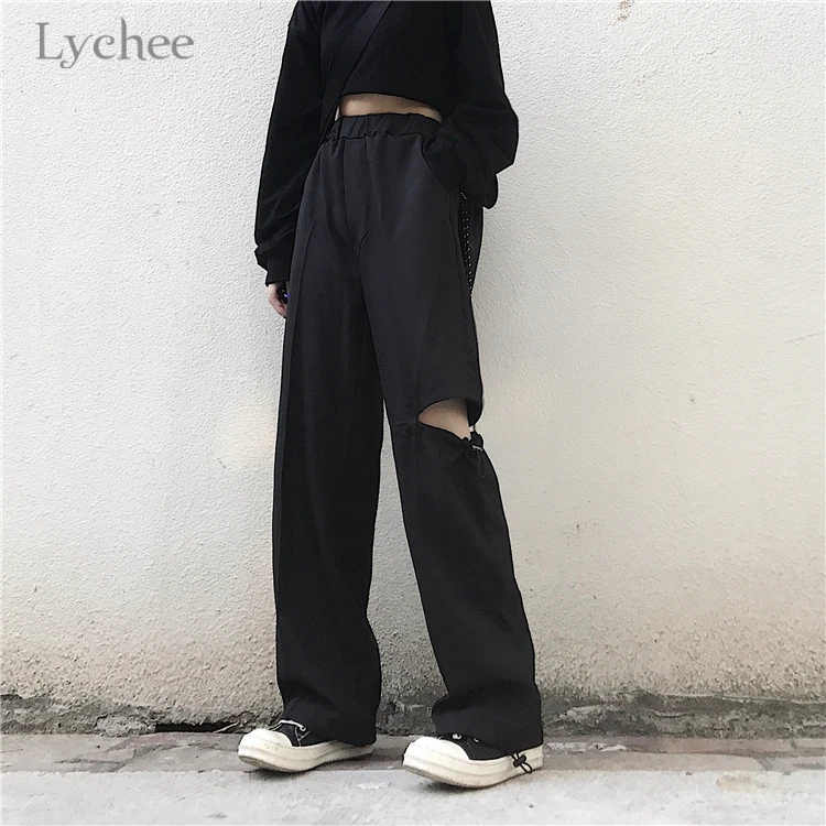 

Lychee Harajuku Black Women Cargo Pants Streetwear Hole Casual Loose Trousers High Waist Hip Hop Autumn Lady Pants