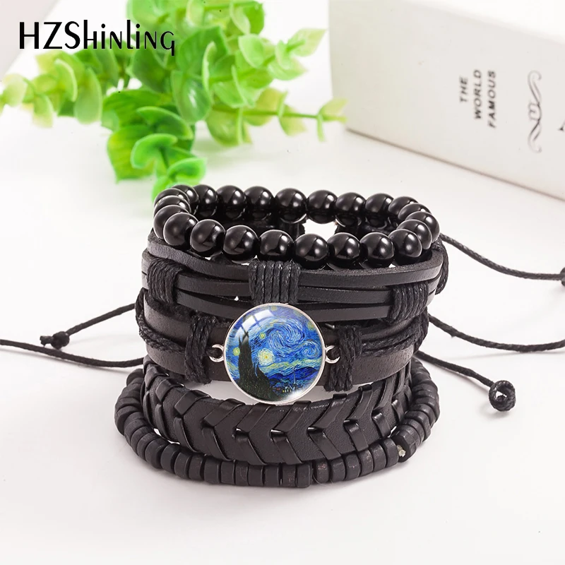 

2021 New 5pcs/set Van Gogh Painting Leather Bracelet Branches of an Almond Tree Bracelets Glass Dome Photo Jewelry Men Women