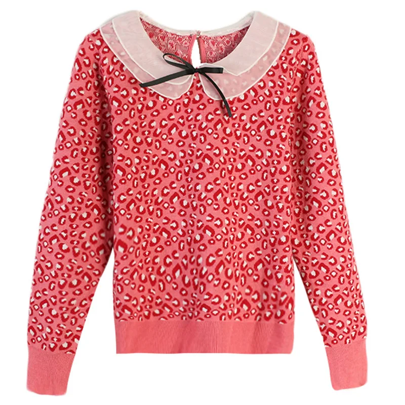 Вязаный свитер GRUIICEEN с леопардовым узором Женский Осенний модный бантом и