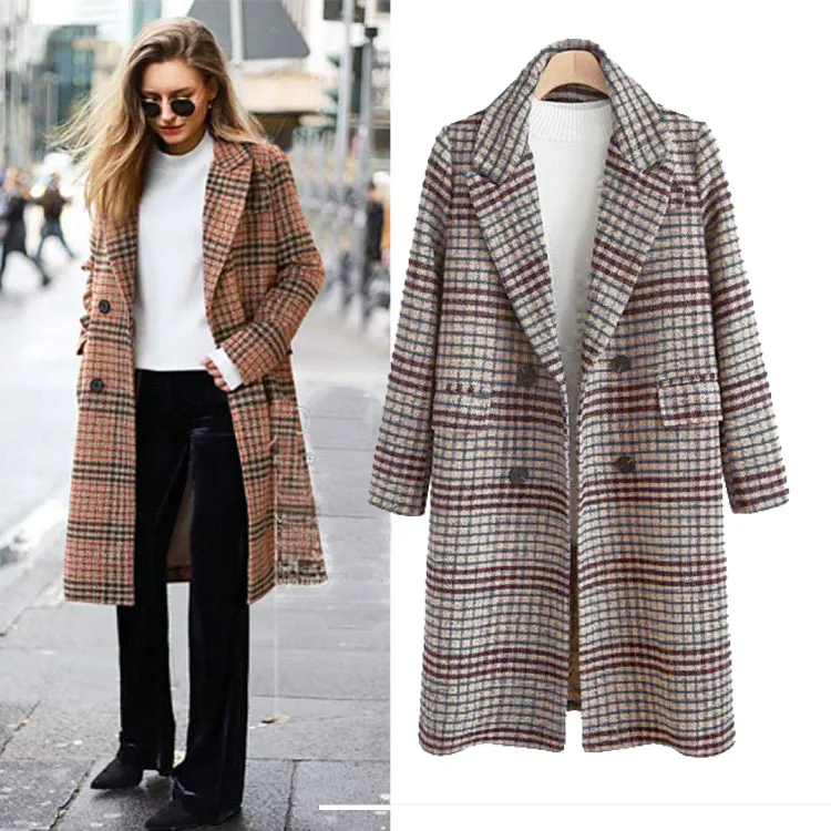

Women's long checkered coat, plus size loose long coat trench coat, new fashion women's plus size loose wool coat