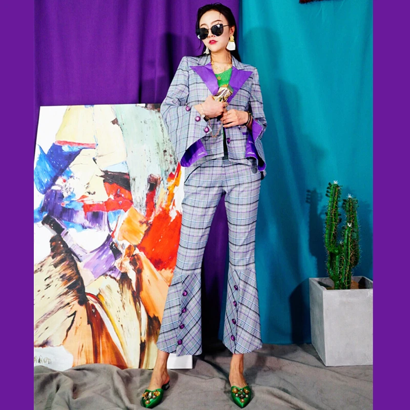 

Fashion Splicing Women Pant Suits Office Lady Work Business Formal Flared Pants Blazer Set Casual Trousers Jacket Suit Female