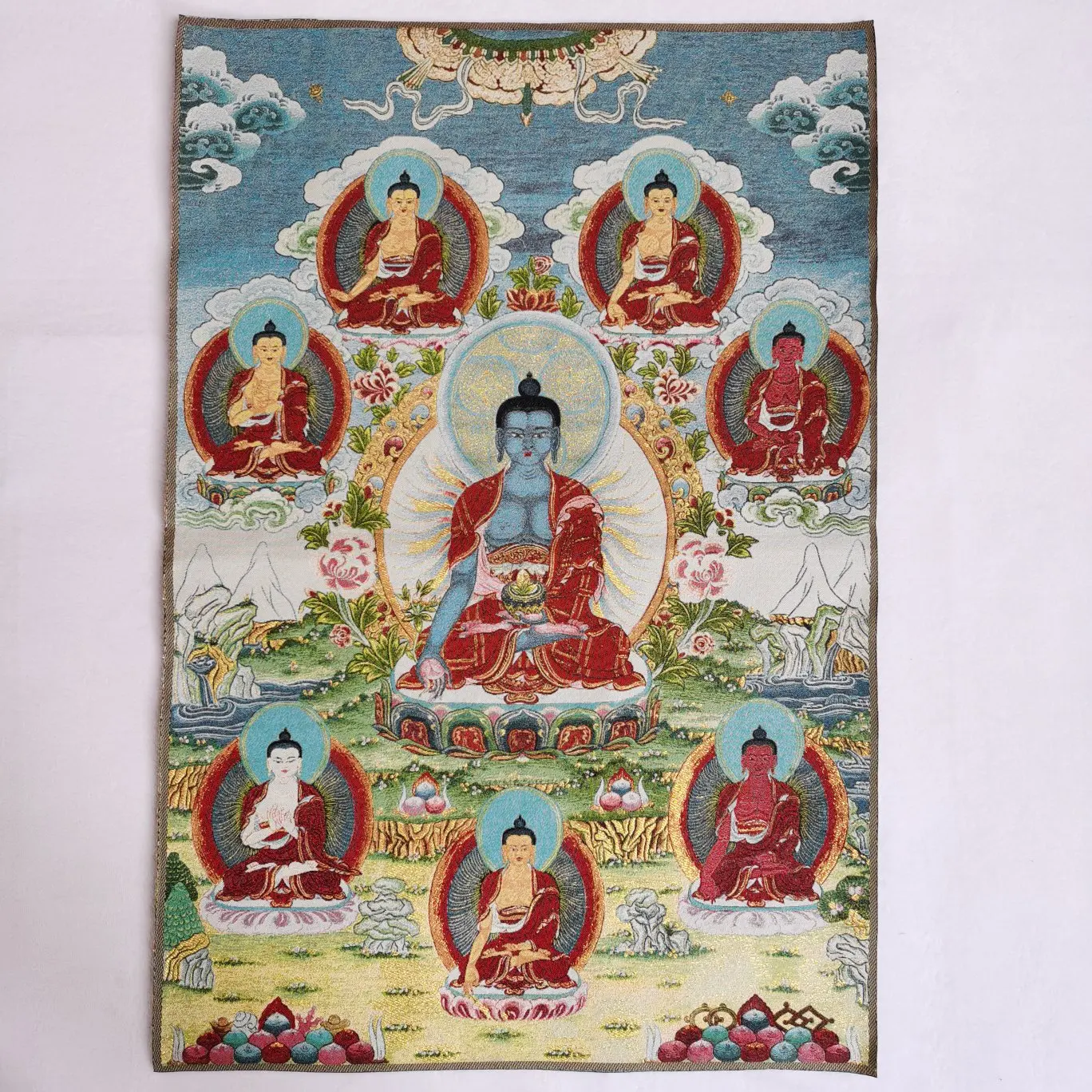 

36" Tibet Tibetan Embroidered Cloth Silk Buddhism Menla Medicine Buddha Tangka Thangka Mural Buddha Home Decor