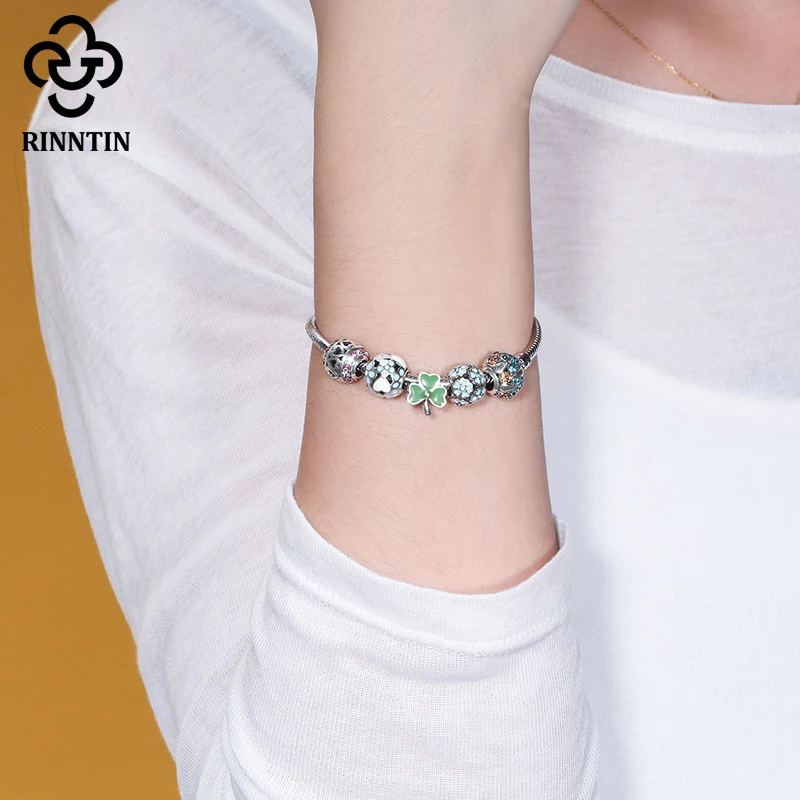 

Rinntin 100% 925 Sterling Silver Bead Hollow Out Heart Design Pink Color Zirconia DIY Bracelet Jewelry For Women Dating TCB34