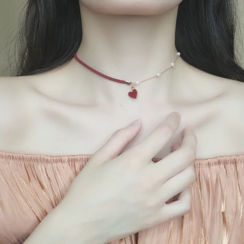 Red Ожерелье в виде сердца, Красное и черное ожерелье в виде сердечка, ожерелье в виде ключицы, цепочка, супер сказочное жемчужное колье, элегантный подарок для влюбленных - Окраска металла: Red