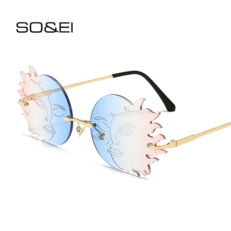

SO&EI Fashion Rimless Unique Polygonal Moon Smiley Sunglasses Women Vintage Gradient Lens Eyewear Shades UV400 Sun Glasses Men