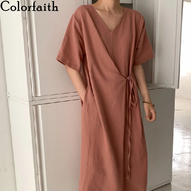 Женское свободное платье из хлопка и льна Colorfaith повседневное длинное винтажное
