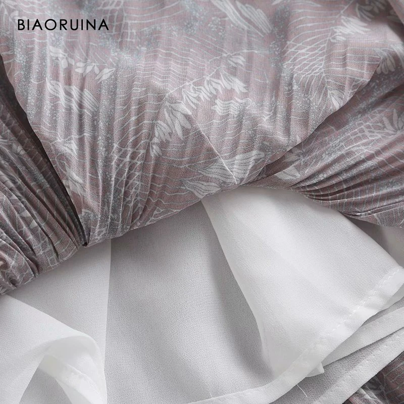 

BIAORUINA Women's Korean Style Leaves Printed High Waist Sweet Dress Bow Drawstring Pleated Elegant Dress with Lining