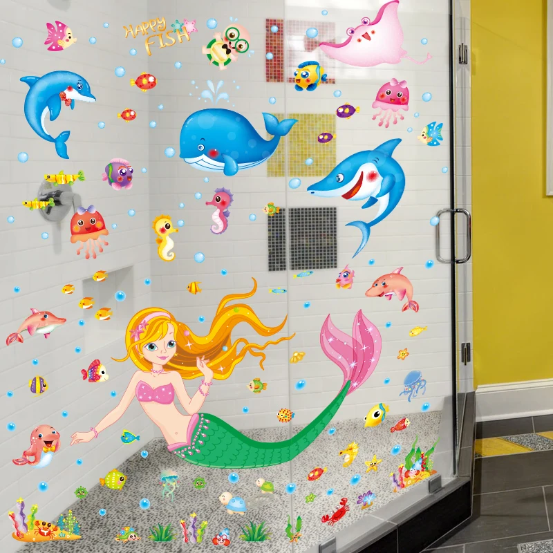 

[SHIJUEHEZI] Cartoon Fish Wall Stickers DIY Girl Mermaid Wall Decals for Kids Rooms Baby Bedroom Bathroom Home Decoration