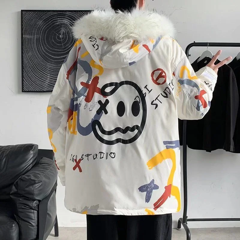 

Neploha Men's Winter Smile Face Cartoon Printed Casual Parka Coats Casual Streetwear Male Hooded Jacket Harajuku Loose Man Coats