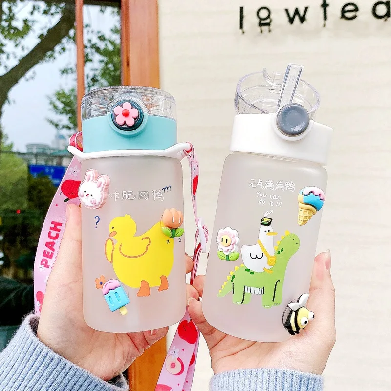 

330ml Frosted Glass Summerstyle Portable Sippy Cup Comes with Cover and Lift String Cute Print Is Easy To Carry