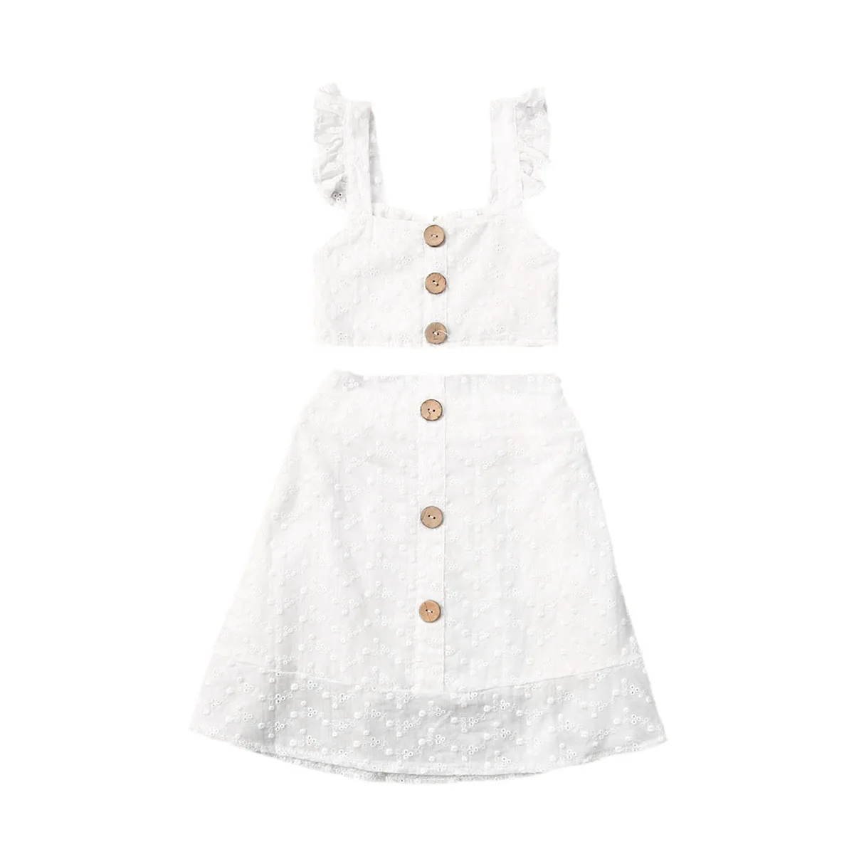

2020 Summer Toddler Baby Girl Clothes Sleeveless Button Lace Crop Tops Vest A-line Skirt Summer Outfits Holiday 2pcs Cotton Set