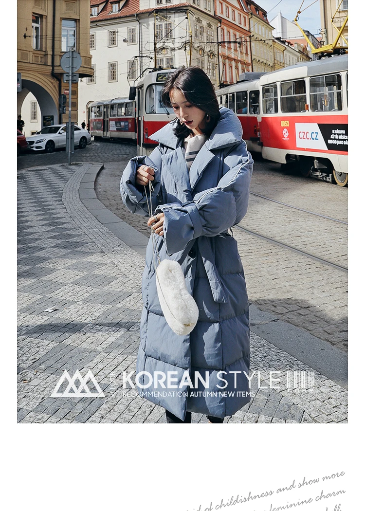 Hong Kong Style Thick Long Lace-up Cotton Coat Women's Winter Style Students Cotton-padded Jacket down Feather Cotton-padde