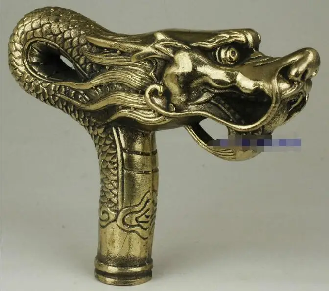

Chinese Brass Copper Hand carved Cane Walking Stick Head Handle Dragon Statue