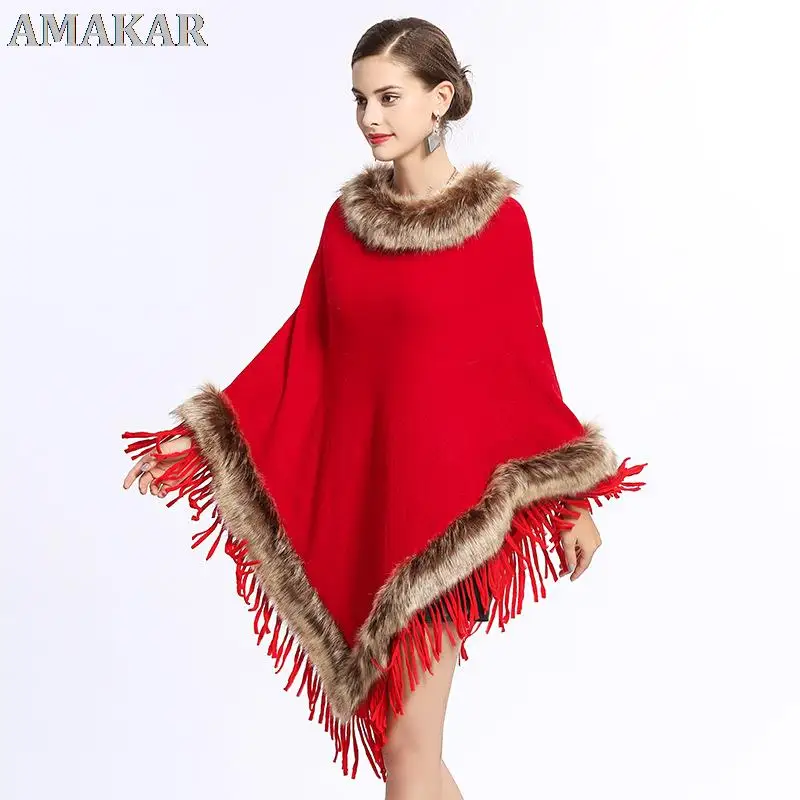 

Fur Collar Winter Shawls And Wraps Fringe Oversized Womens Winter Ponchos And Capes Batwing Sleeve pullover Cloak