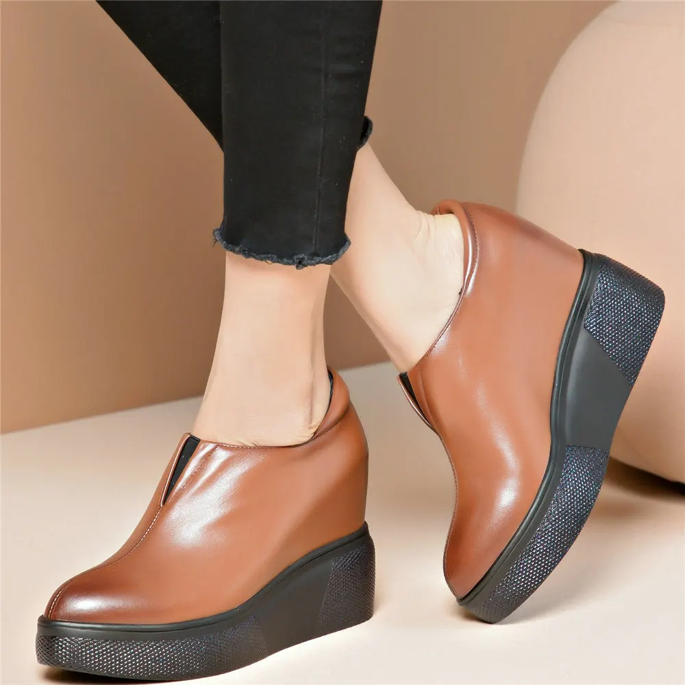 Chunky Platform Oxfords Shoes Women Genuine Leather Wedges High Heel Ankle Boots Female Round Toe Fashion Sneakers Casual Shoes