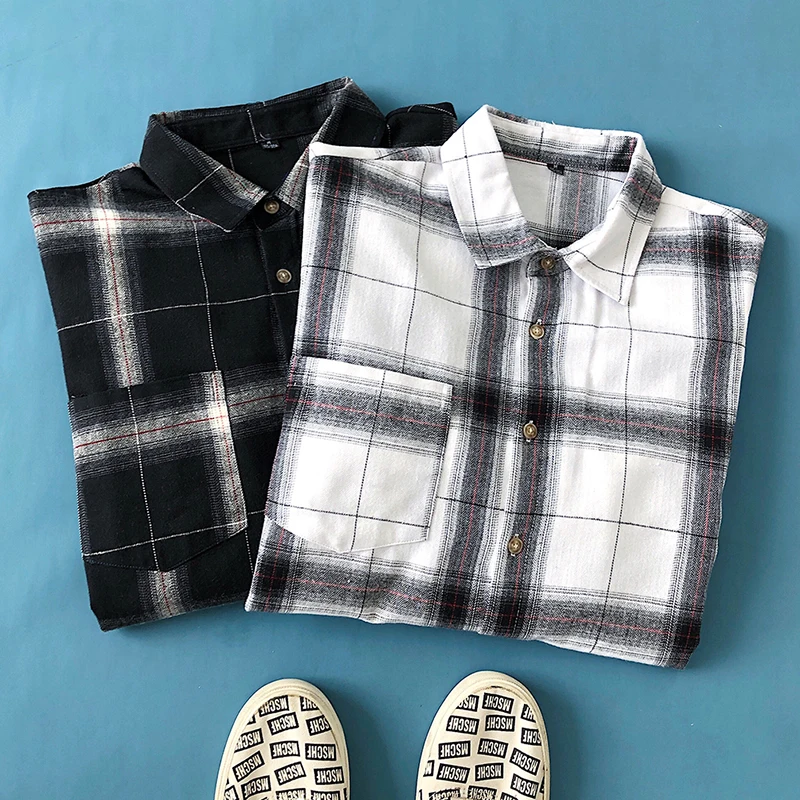 Рубашка мужская повседневная в клетку черная/белая оверсайз с длинным рукавом