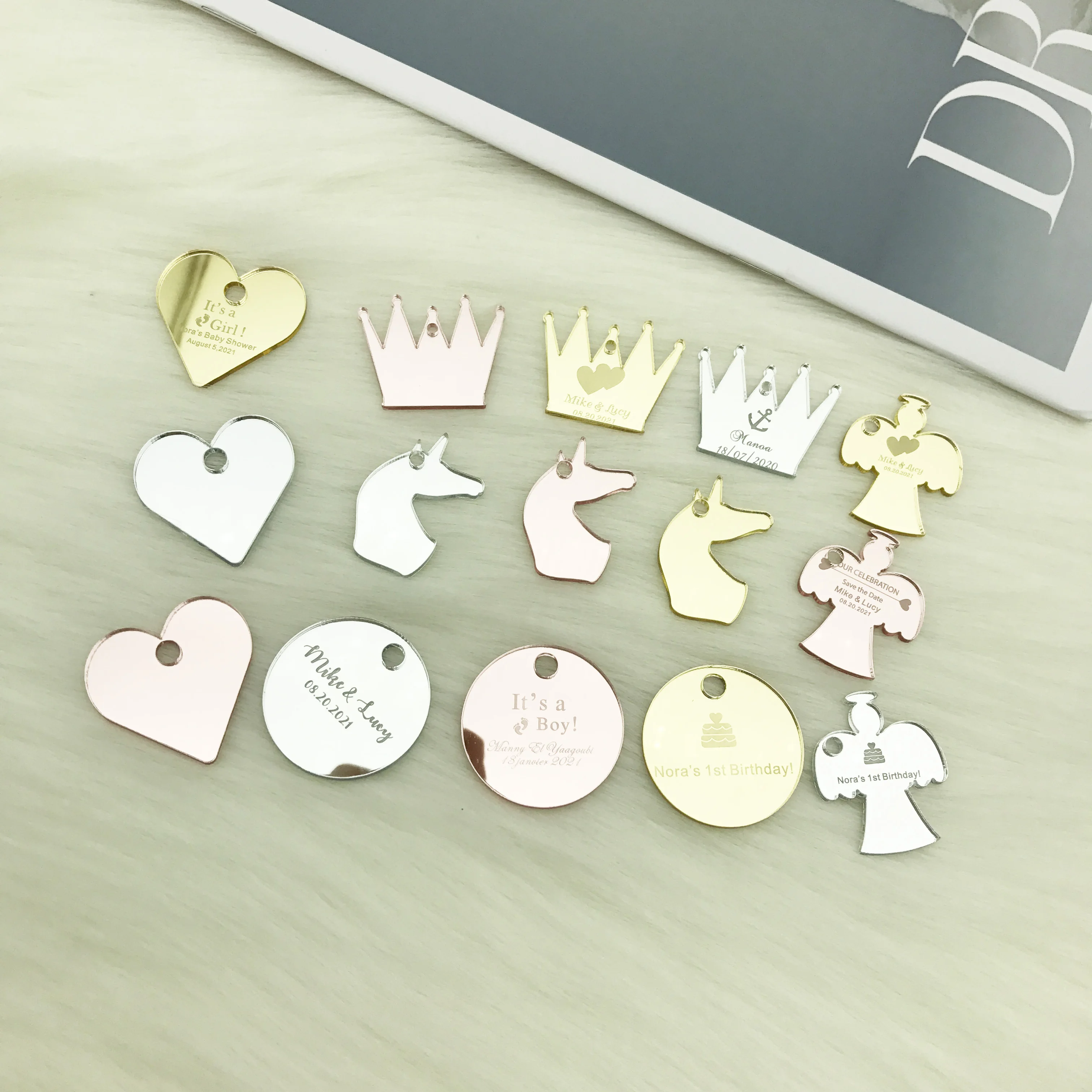 

50 Personalized Baby Shower Baptism Birthday Engraved Acrylic Mirror Angel Decoration Favor Tag for Gift Bag Candy Box Wedding