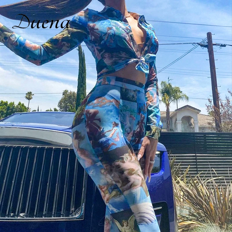 

Duena Tie Dye Two Pieces Autumn Graphic Print Female Button Up Collar Long Sleeve Sexy Bodycon Trousers Stree twear 2021