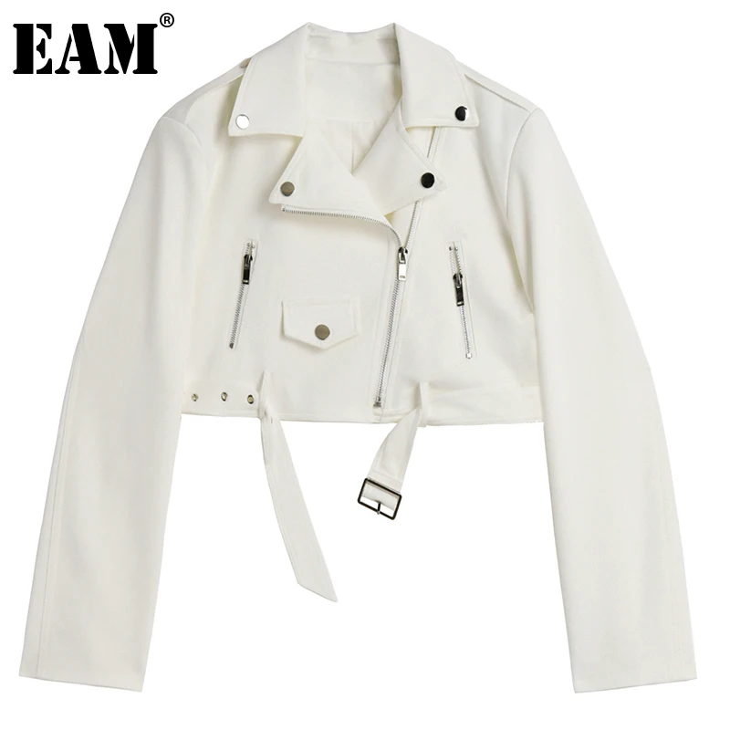 

[EAM] Свободная белая повседневная короткая куртка с пряжкой и поясом, новинка, Женское пальто с отворотом и длинным рукавом, модная весенне-о...