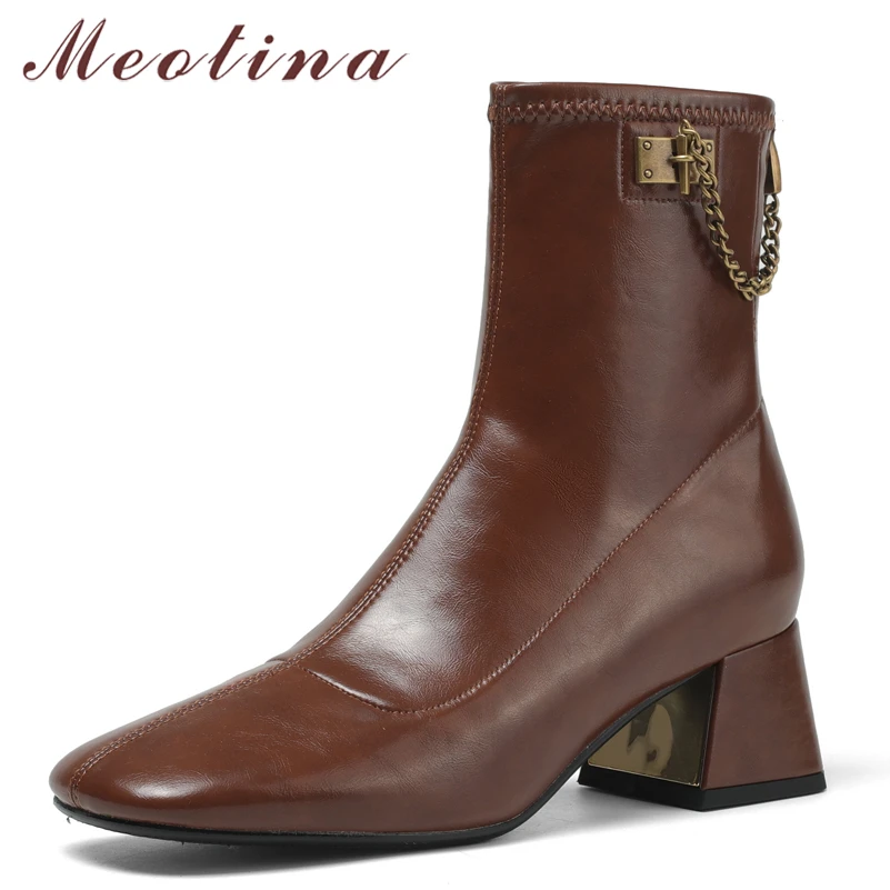 

Meotina Ankle Boots Shoes Women High Thick Heel Metal Decoration Boots Square Toe Zipper Ladies Footwear Short Boots Autumn 40